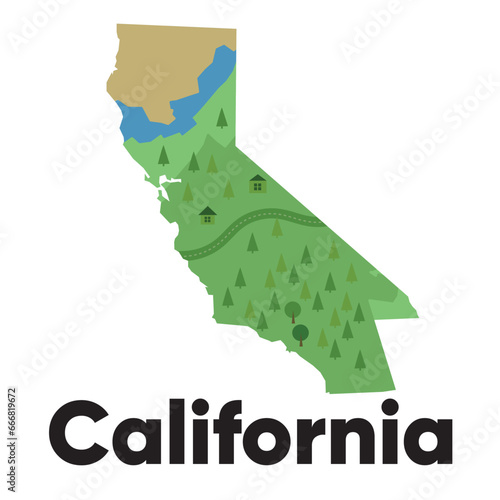 map of California shape cartoon graphic illustration cartoon style of forest and river