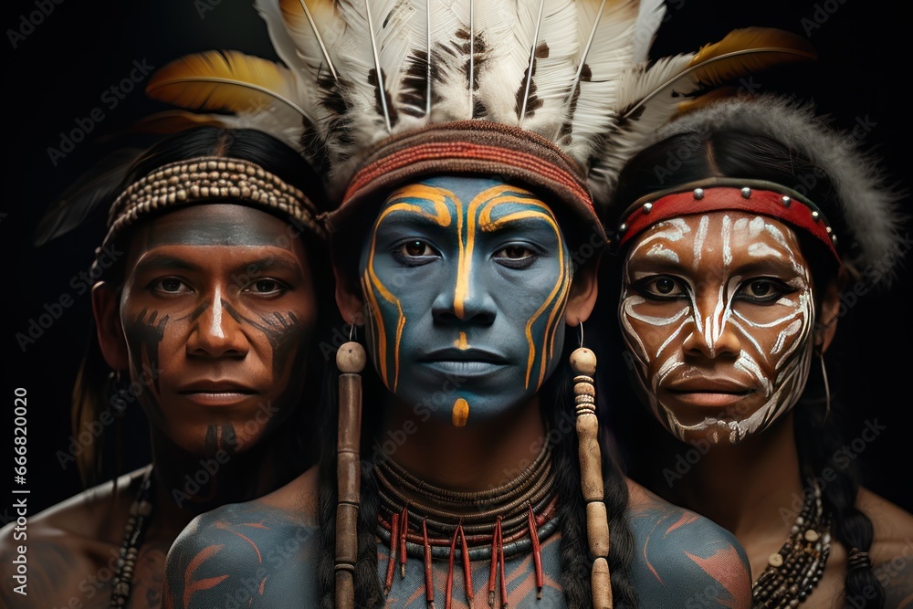Close-up portrait of a group of native american people. Historical Concept. Background with a copy space.
