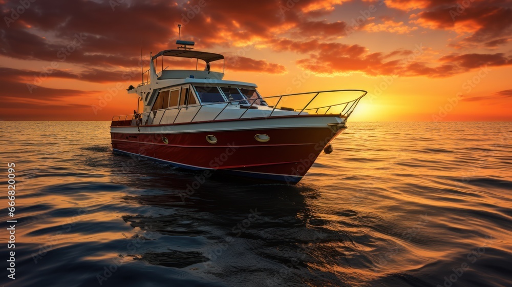 Naklejka premium The boat glides smoothly along the coast, offering a perfect view of the stunning sunset