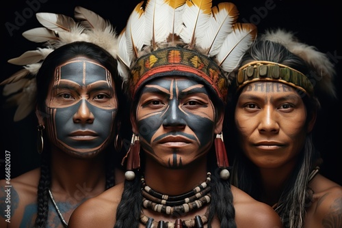 Portrait of a group of native american women with face painting. Historical Concept. Background with a copy space.