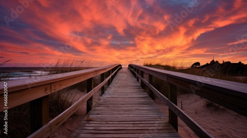 The wooden bridge extends onto the sandy beach, under a sky painted with shades of orange and pink