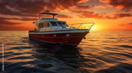 The boat glides smoothly along the coast, offering a perfect view of the stunning sunset © vectorizer88