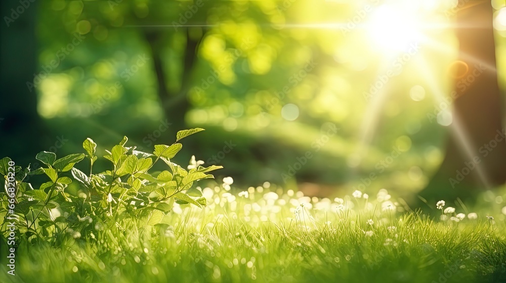 Fototapeta premium Spring floral background, fresh grass in the forest. Generation