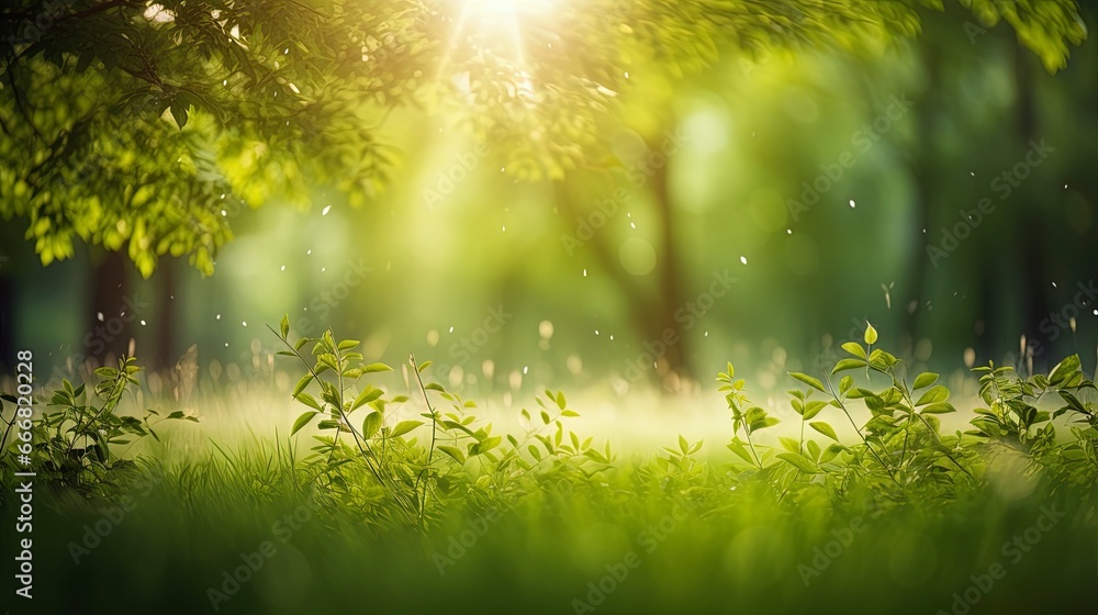 Fototapeta premium Spring floral background, fresh grass in the forest. Generation