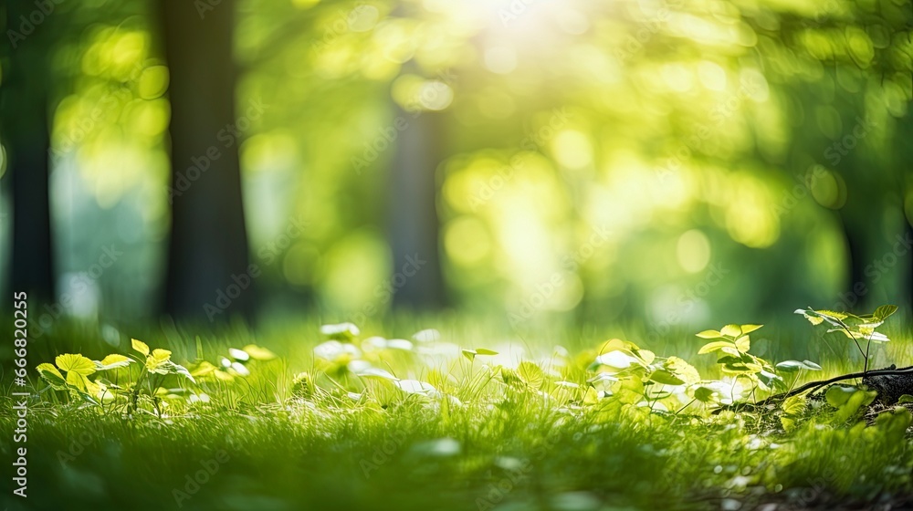 Fototapeta premium Spring floral background, fresh grass in the forest. Generation