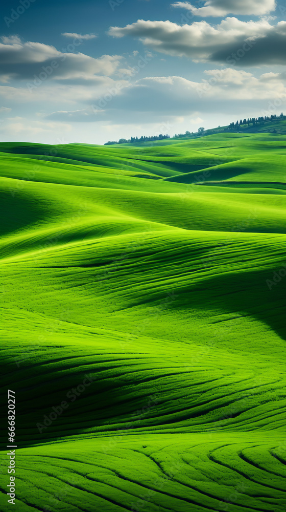 A beautiful landscape of a green field under a dramatic sky