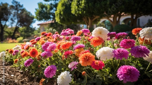 The garden is vibrant with an array of flowers in full bloom
