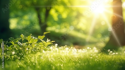 Spring floral background, fresh grass in the forest. Generation