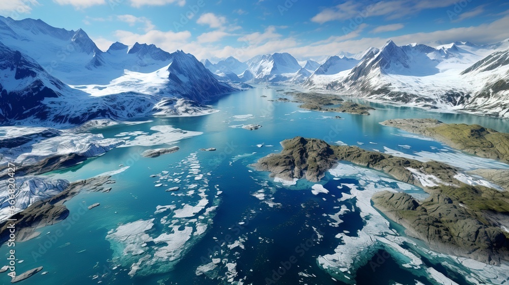 Aerial photography of snowy mountain peaks, glaciers being carried away by the current. Generation AI