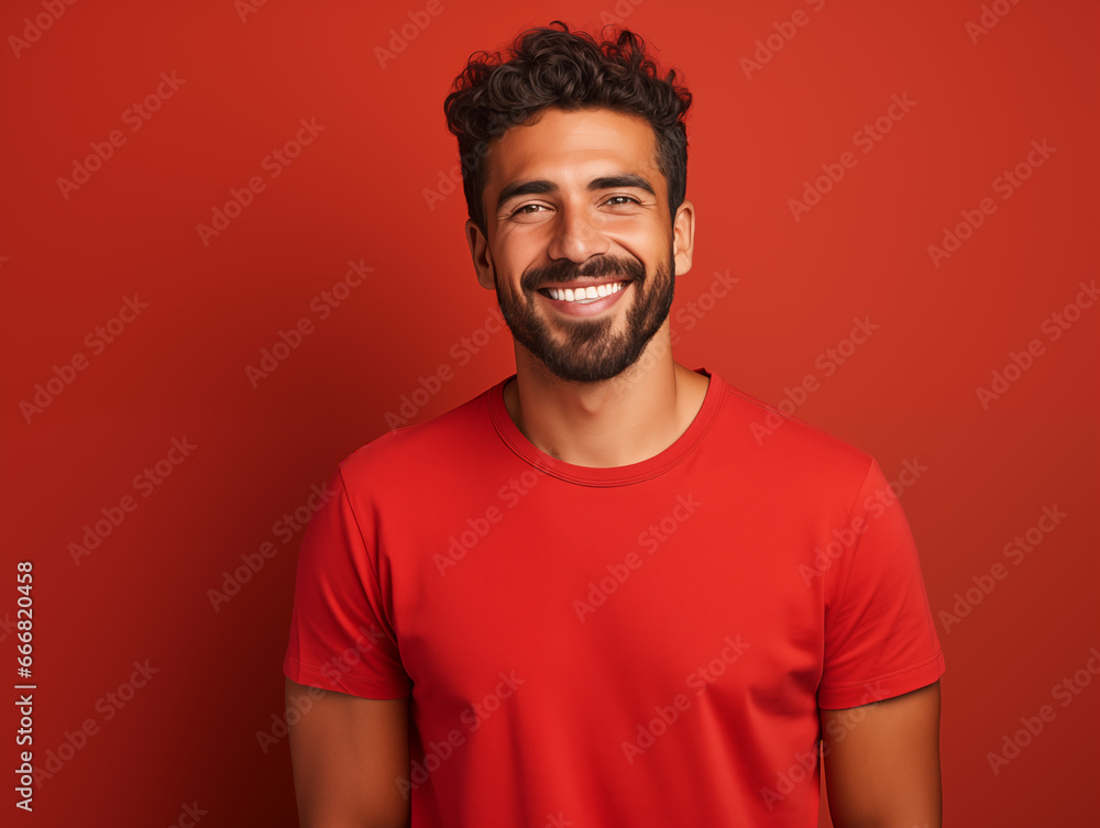 Hombre latino, joven, atractivo y con barba corta, feliz, usando ropa casual de color rojo posando sobre un fondo del mismo color Hombre latino, joven, atractivo y con barba corta, feliz, usando ropa casual de color rojo posando sobre un fondo del mismo color
