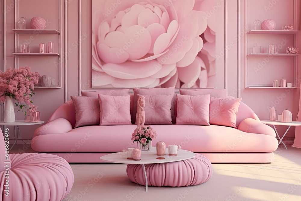 Modern, pink living room. Light interior.