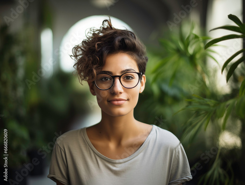 Retrato de una mujer joven con el cabello recogido y gafas en un edificio con mucha naturaleza y plantas photo