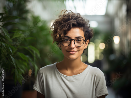 Retrato de una mujer joven con el cabello recogido y gafas en un edificio con mucha naturaleza y plantas photo