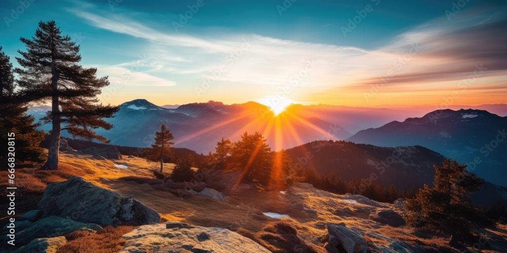 Obraz na płótnie Breathtaking photograph of range of mountains during sunrise w salonie