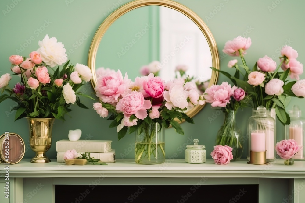 Fototapeta premium Pink and white peonies on the bookshelf in glass vases. Round golden mirror on the wall above the fireplace. generative ai.