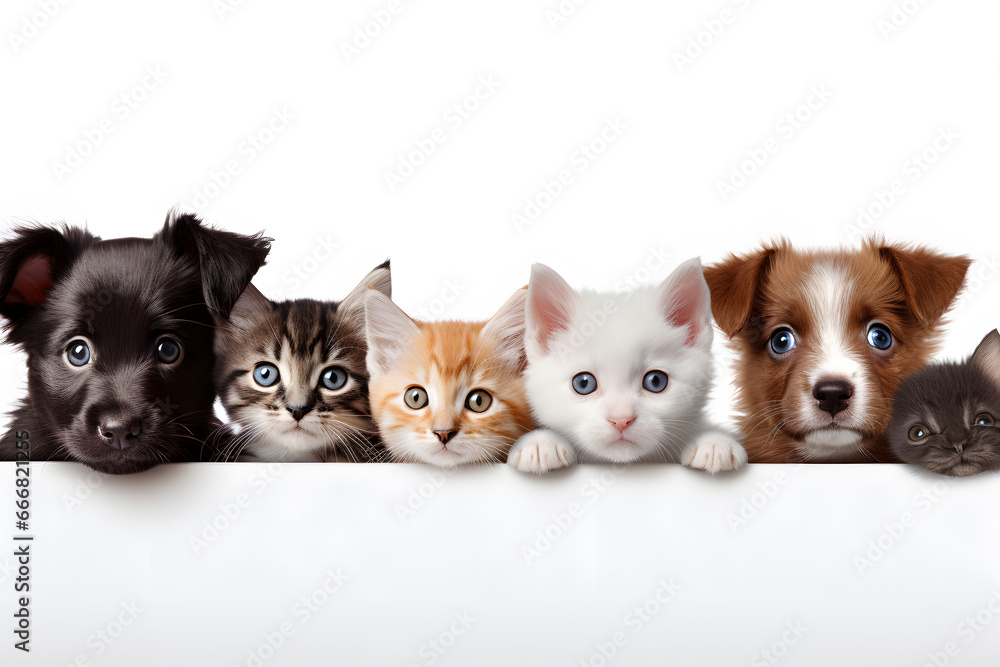 Banner of puppies and kittens in row, hanging its paws at blank banner.