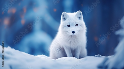 Arctic white fox in winter blurred background. AI generated image