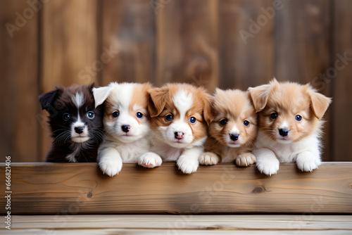 Banner of puppies and kittens in row, hanging its paws at wooden banner photo