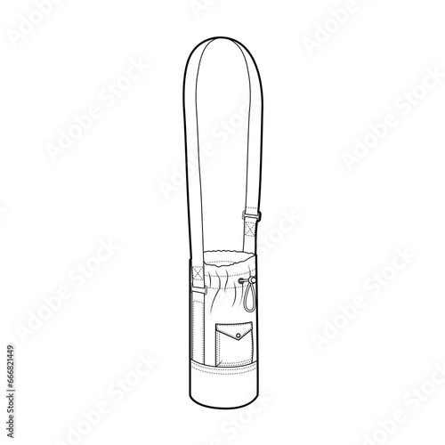 Water Bottle Holder Cross-Body Bag. Fashion accessory technical illustration. Vector satchel front 3-4 view for Men, women, unisex style, flat handbag CAD mockup sketch outline isolated