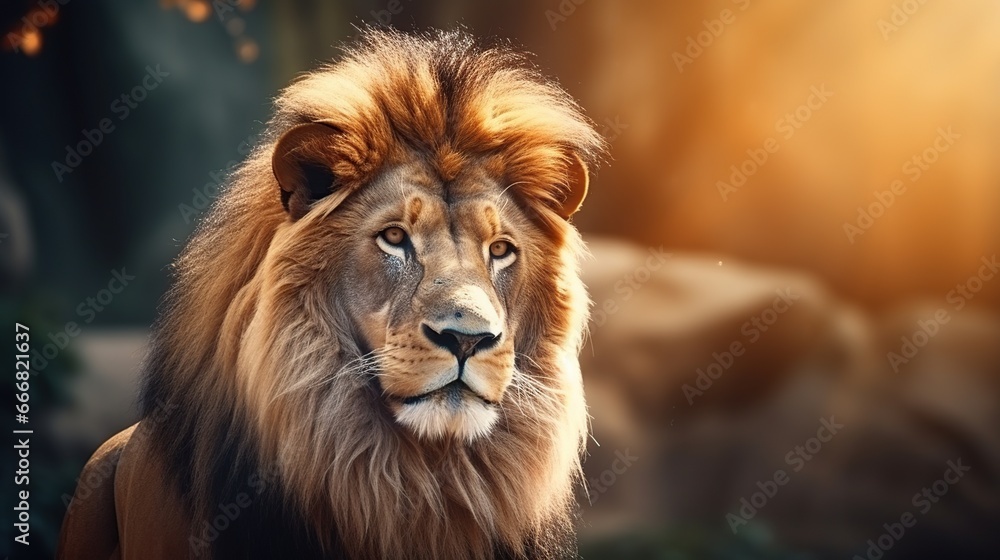 Fototapeta premium Wild lion animal in blurred nature background. AI generated image
