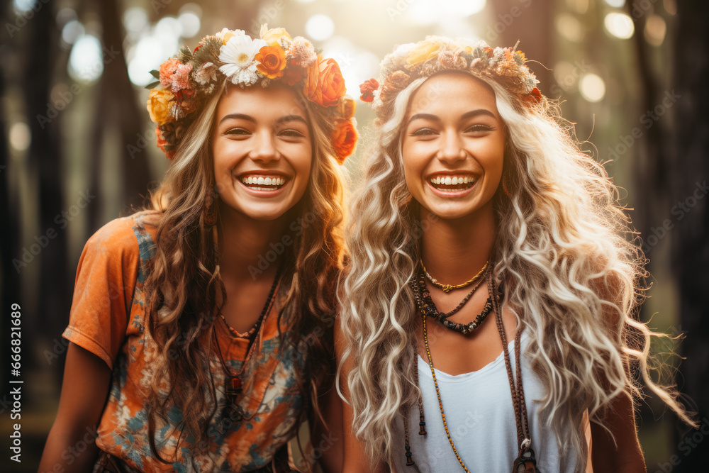 Fototapeta premium Individual portraits of people dressed in hippie fashion, with flower crowns, round sunglasses, and bell-bottom jeans, showcasing their unique style. Generative Ai