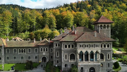 Aerial view of Cantacuzino Castle in Busteni, Romania. This is a very popular castle in Romania. Travels through Transylvania.