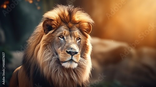 Wild lion animal in blurred nature background. AI generated image