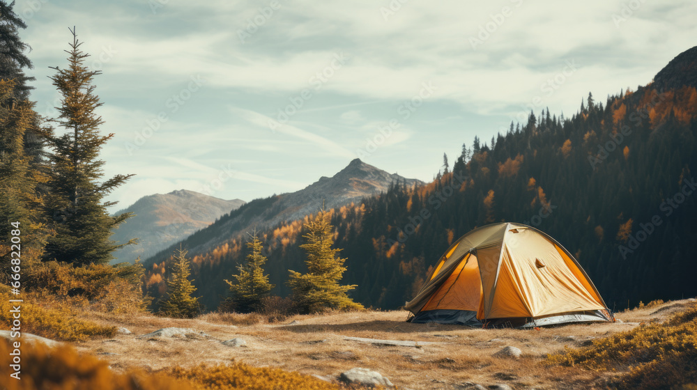 A camping tent surrounded by breathtaking mountain scenery