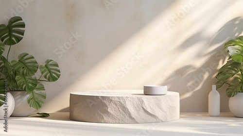 Natural podium made of wild stone, sun rays, shadows. Generation AI