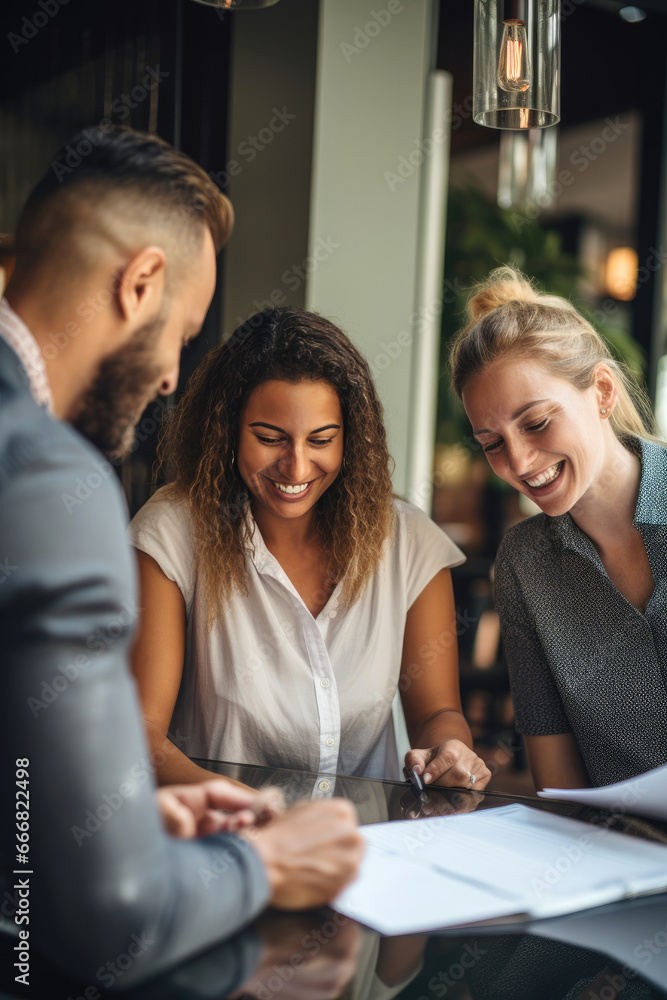 Real estate agent discussing property details with prospective buyers Real estate agent discussing property details with prospective buyers