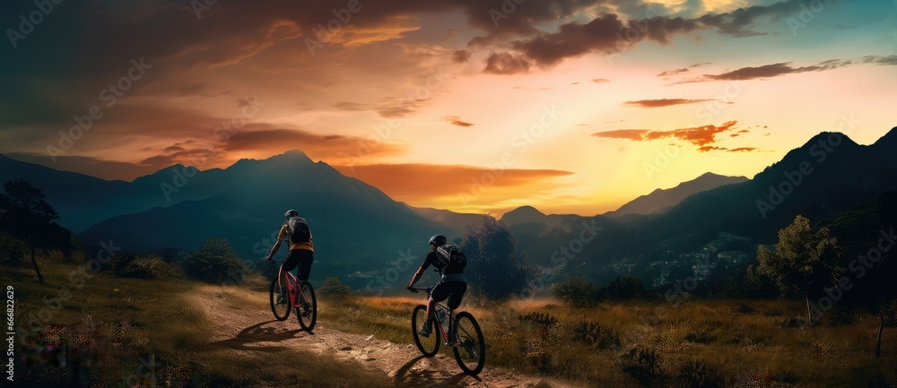 Fototapeta premium Two mountainbikers riding down a mountain at sunset.