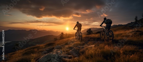 Two mountainbikers riding down a mountain at sunset. photo