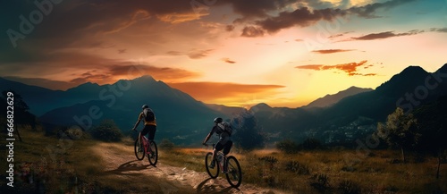 Two mountainbikers riding down a mountain at sunset.