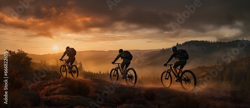 Three mountainbikers riding down a mountain at sunset.
