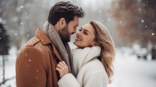 Beautiful young couple walking in a winter park, snow, happiness, romance. Generation AI