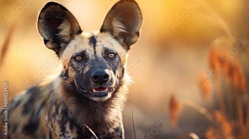 Portrait of African Wild Dog isolated nature blurred background. AI generated image