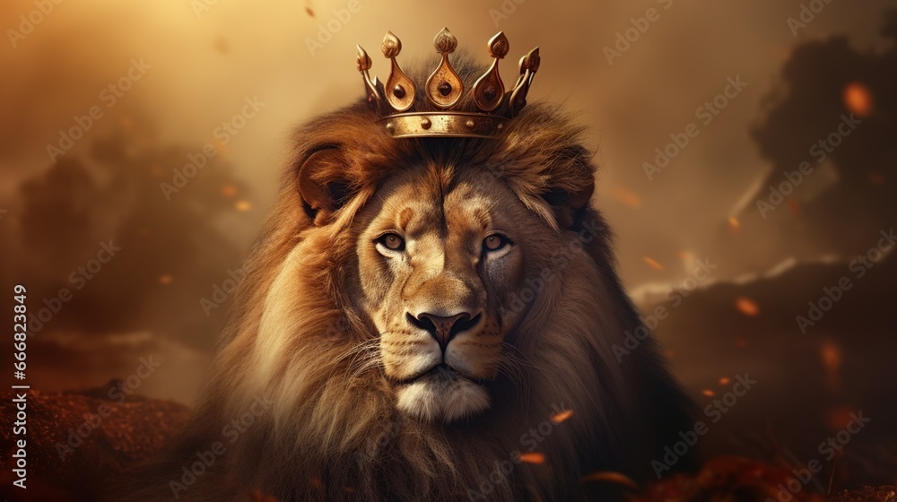 Wild lion animal with crown in head, blurred nature background. AI generated image