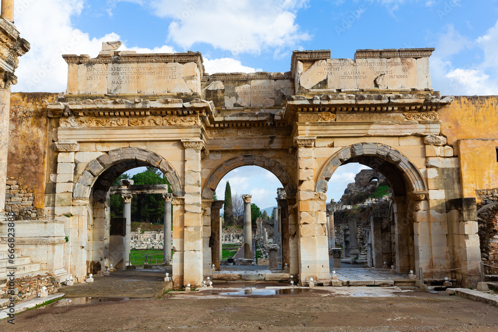 Ruins of Gate of Augustus located at Curetes Street in the Celsus Library Court in Ephesus, Turkey
