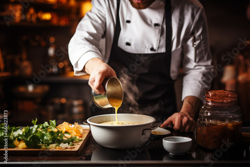 Close up male chef's hand in uniform pour soup, sauce, cheese, seasoning or egg into bowl of food or soup in stock pot at restaurant's kitchen.