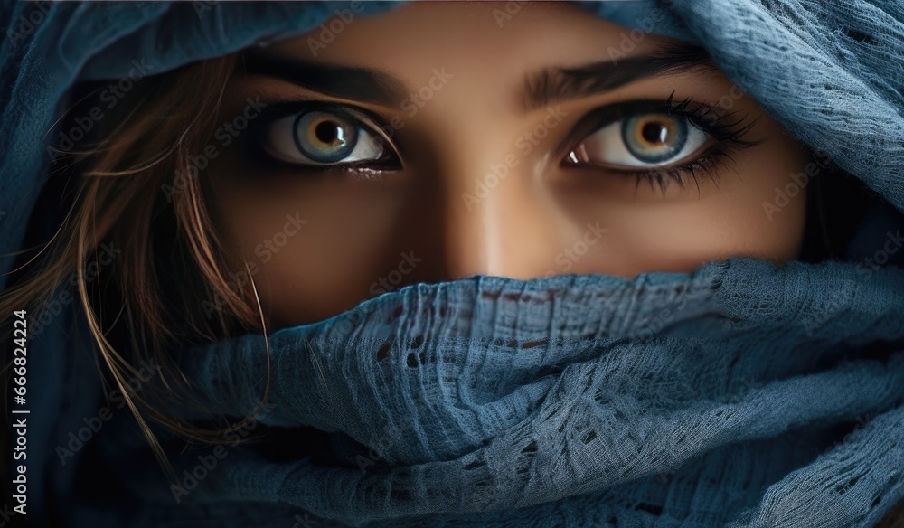 a close-up girl with beautiful eyes, wrapped in a blue scarf. a close-up girl with beautiful eyes, wrapped in a blue scarf.