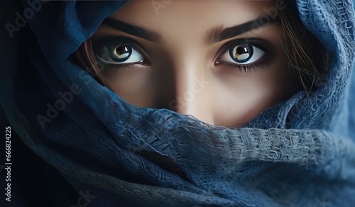 a close-up girl with beautiful eyes, wrapped in a blue scarf.