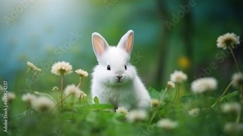 Beautiful white fluffy rabbit in green grass blurred background. AI generated image