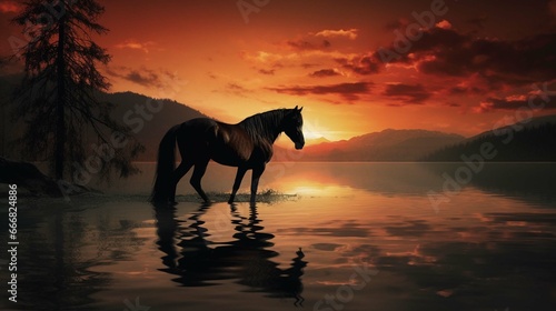 horse run on sunset background 
