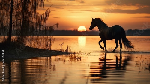 horse run on sunset background 