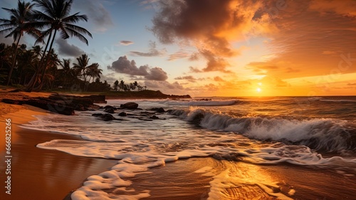 Beautiful beach at sunset with waves and palm trees.