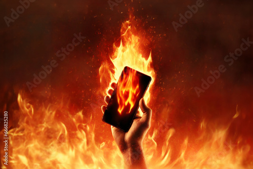 Flaming demon cell phone melting into a human hand.