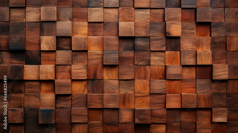 An abstract pattern of square wooden tiles on a wall An abstract pattern of square wooden tiles on a wall