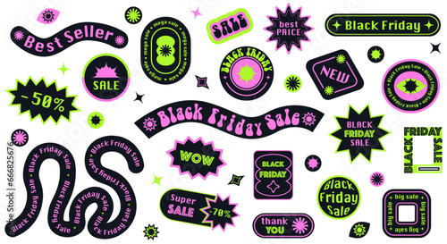 Black friday sale patches, labels, tags, stickers in groovy retro funky style   © Oksana