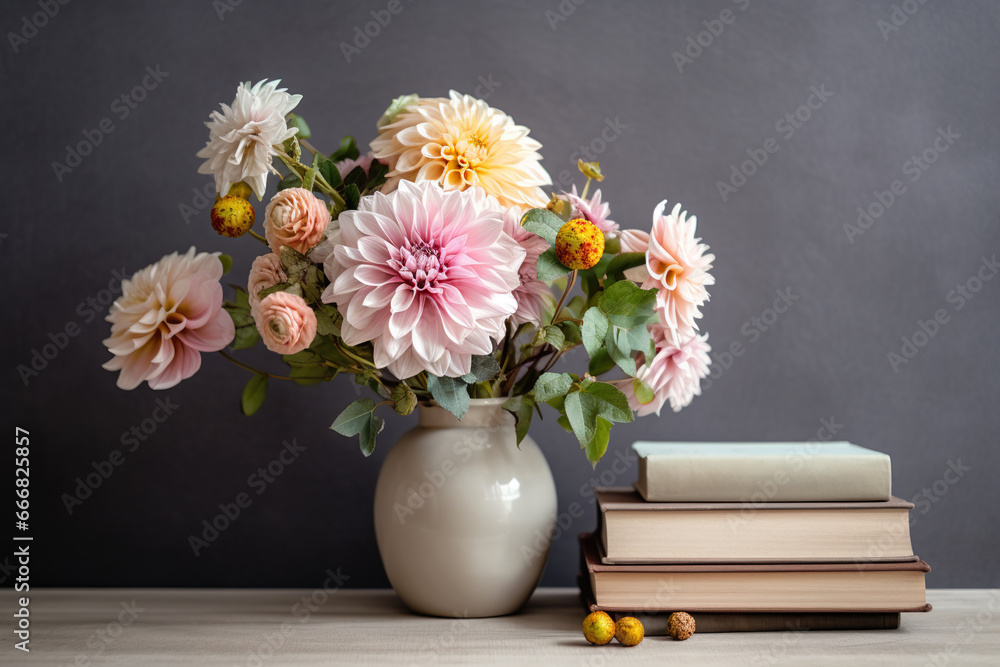 flowers in vase on wooden table with books