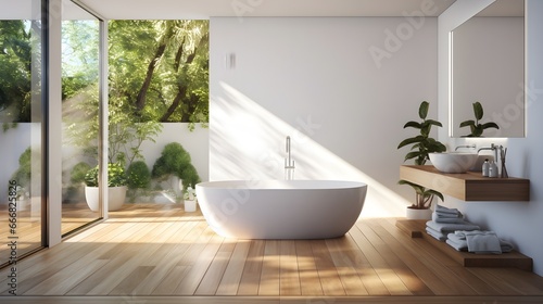 Modern white bathroom  wooden floor and glass walls  Generative AI.